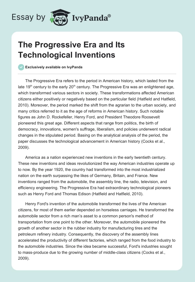 The Progressive Era and Its Technological Inventions. Page 1