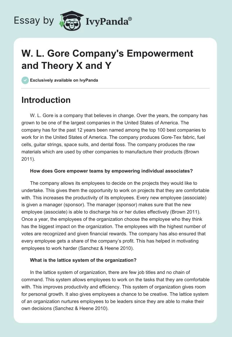 W. L. Gore Company's Empowerment and Theory X and Y. Page 1