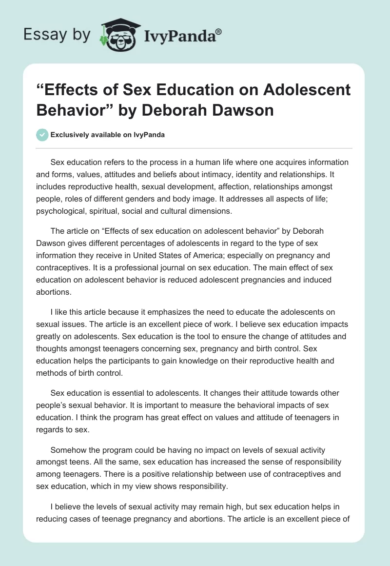 “Effects of Sex Education on Adolescent Behavior” by Deborah Dawson. Page 1