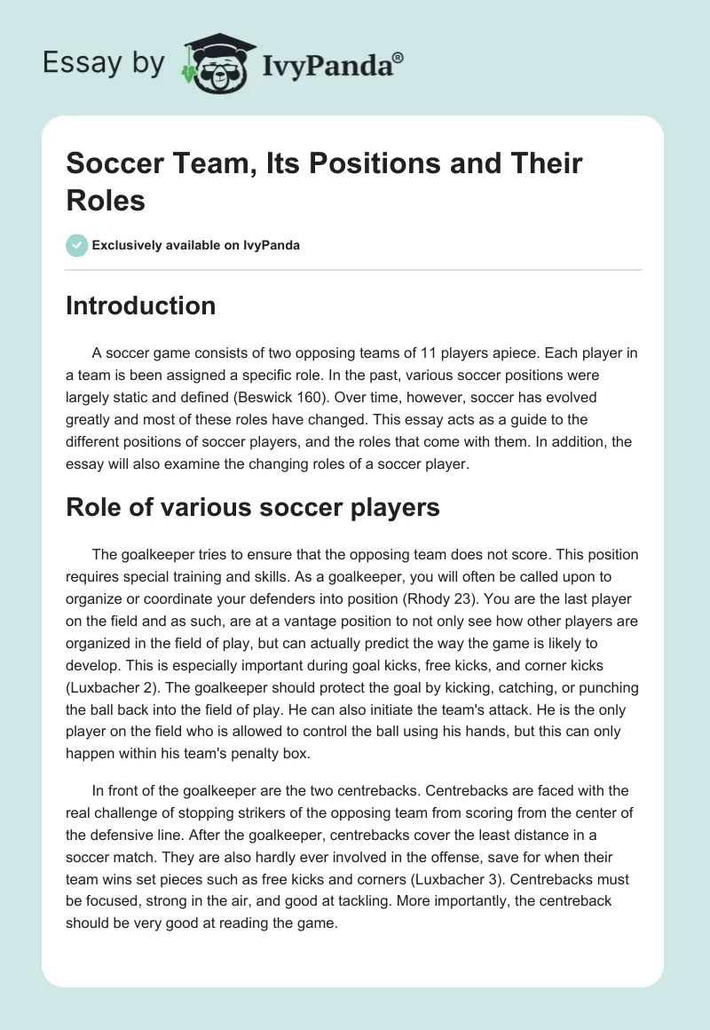 Soccer Team, Its Positions and Their Roles. Page 1