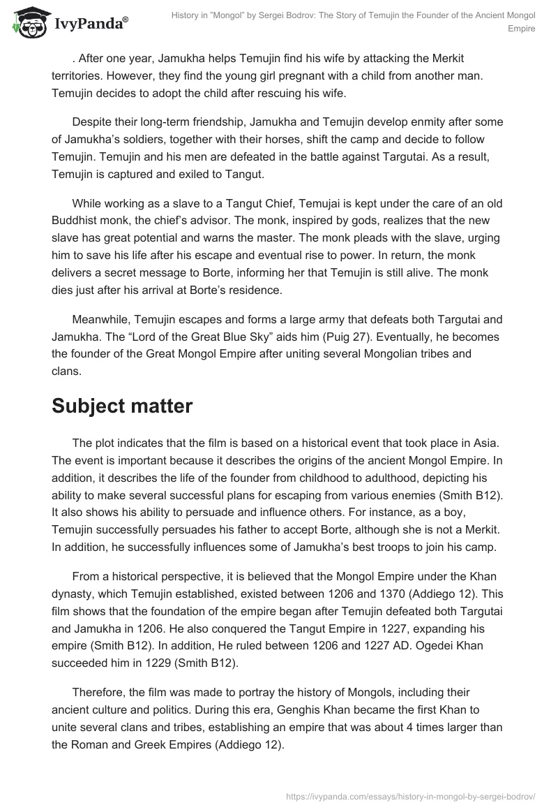 History in ”Mongol” by Sergei Bodrov: The Story of Temujin the Founder of the Ancient Mongol Empire. Page 2