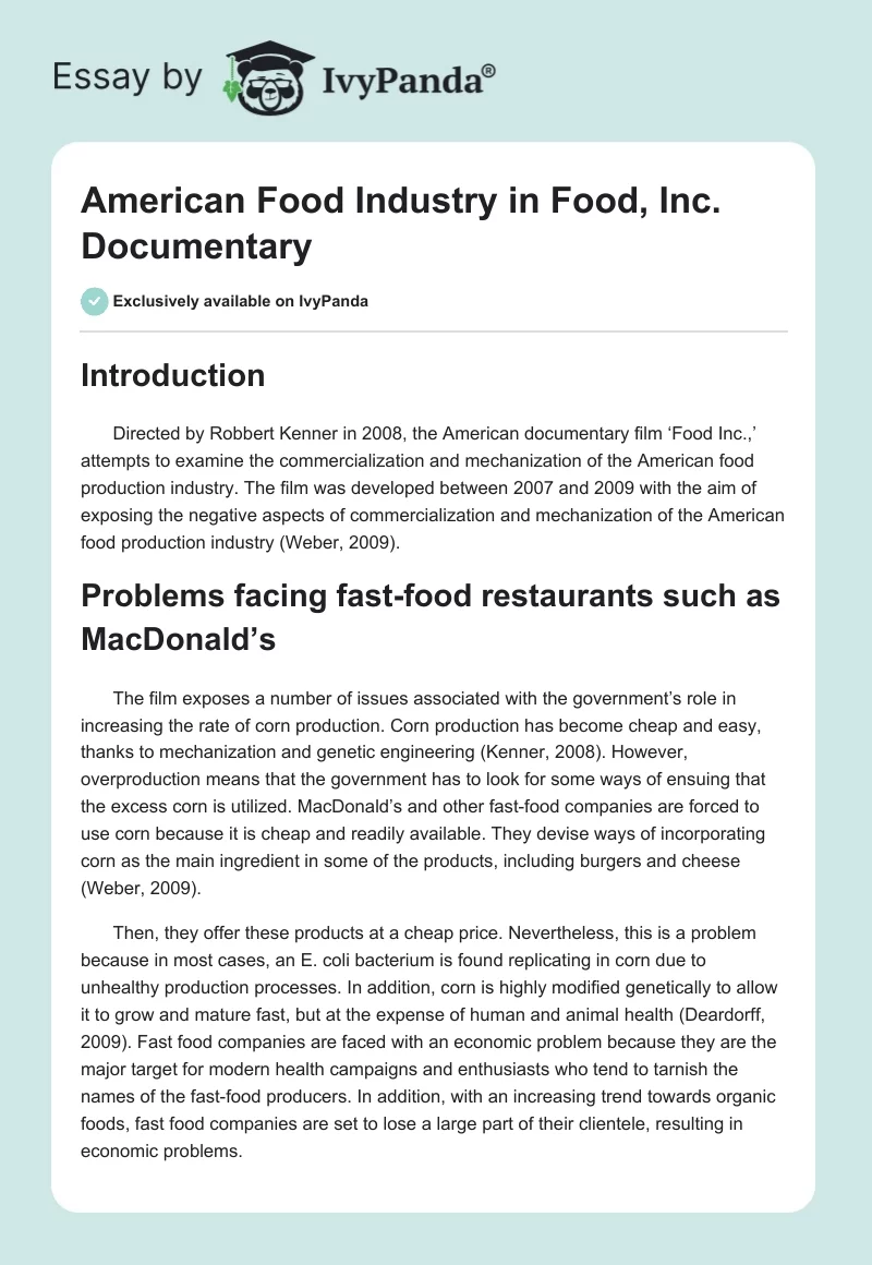 American Food Industry in "Food, Inc." Documentary. Page 1