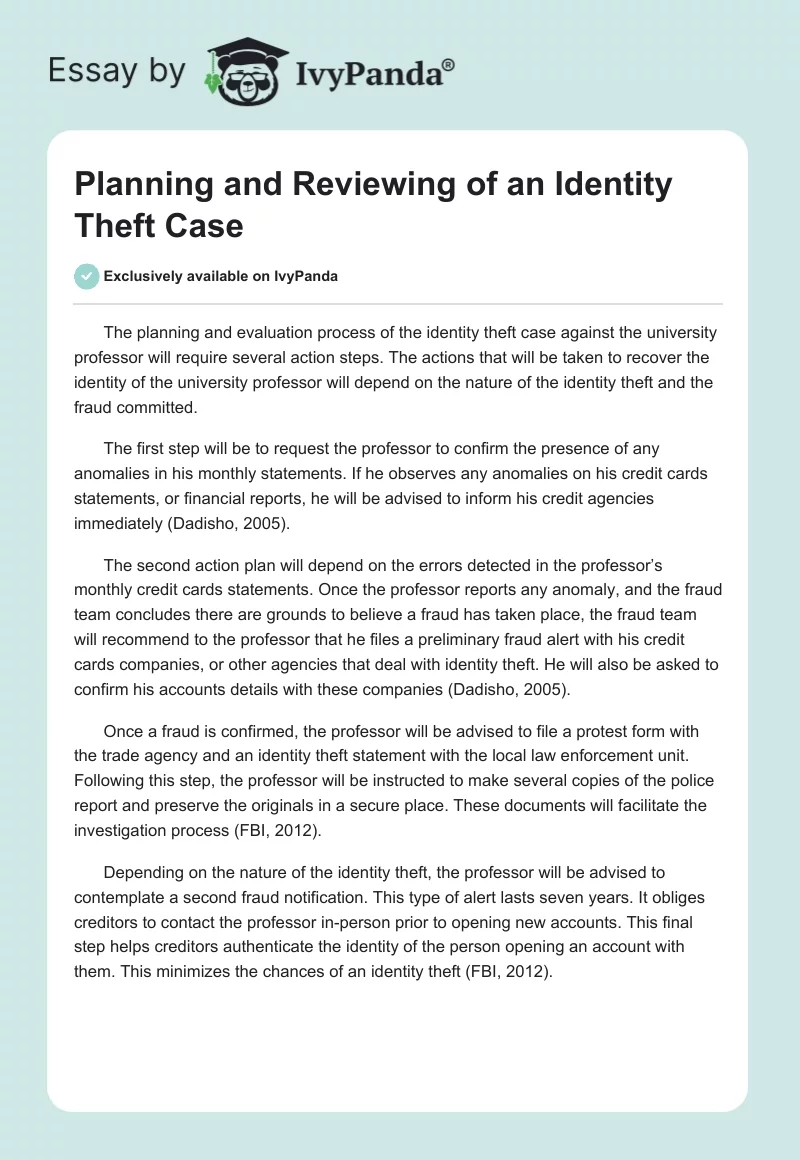 Planning and Reviewing of an Identity Theft Case. Page 1