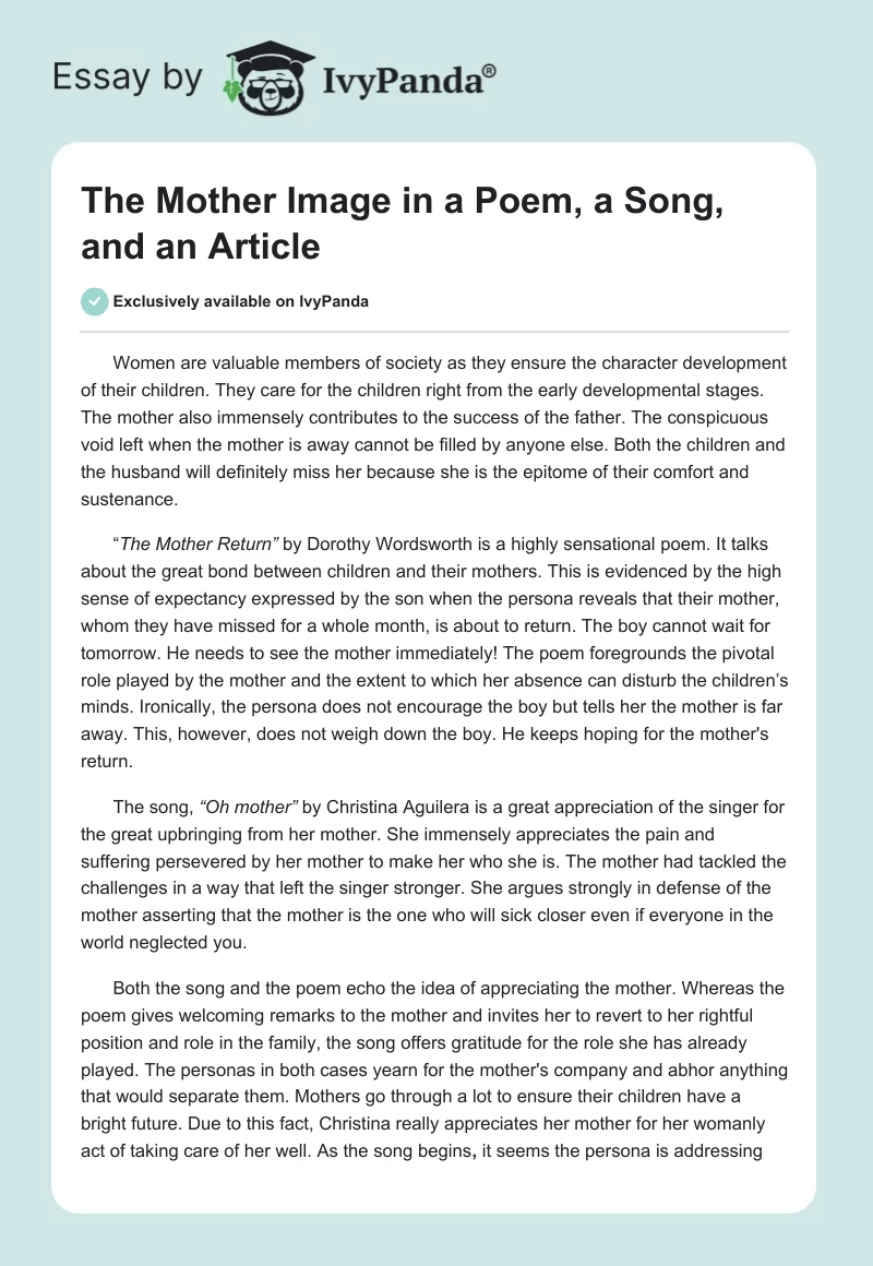 The Mother Image in a Poem, a Song, and an Article. Page 1