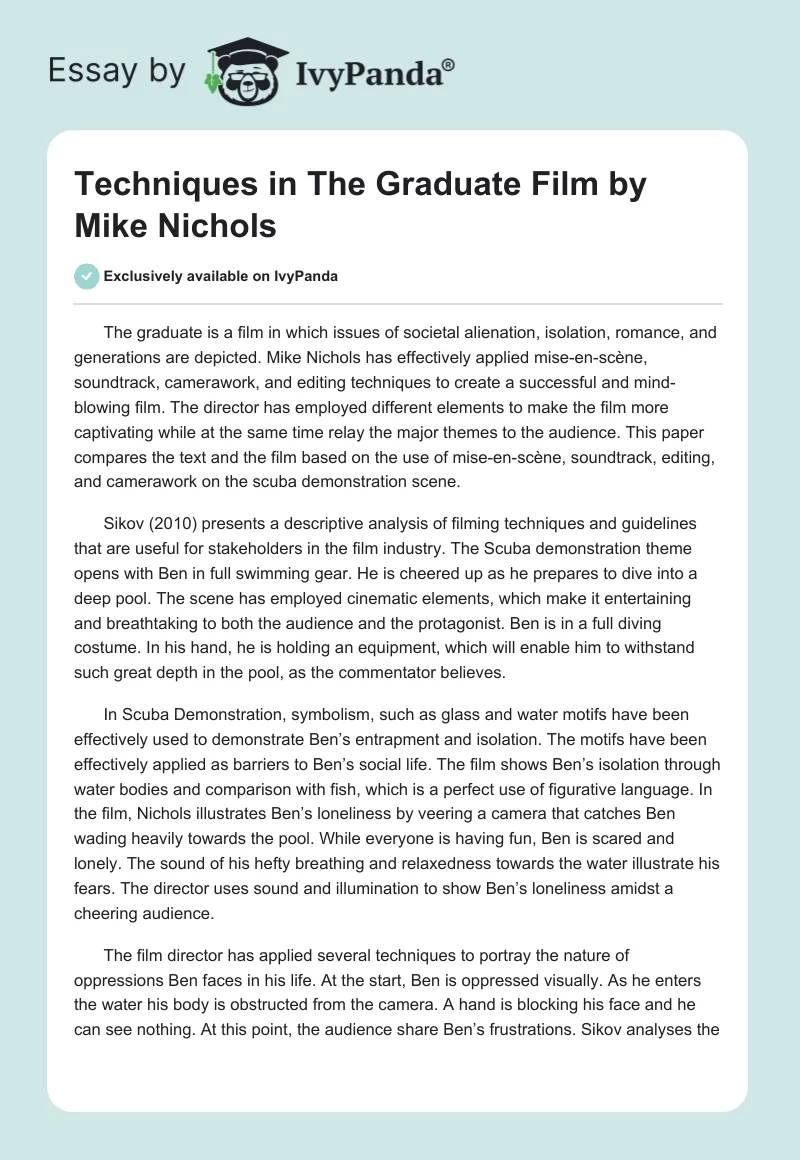 Techniques in "The Graduate" Film by Mike Nichols. Page 1