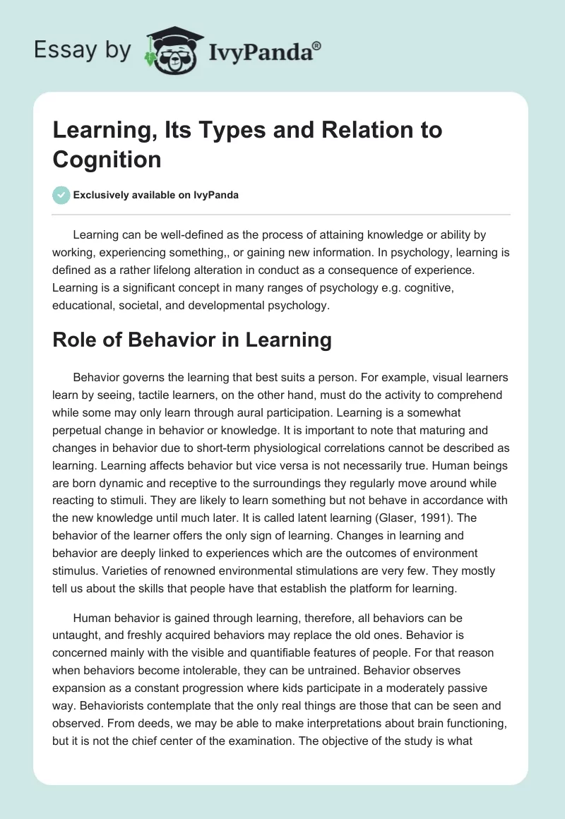 Learning, Its Types and Relation to Cognition. Page 1
