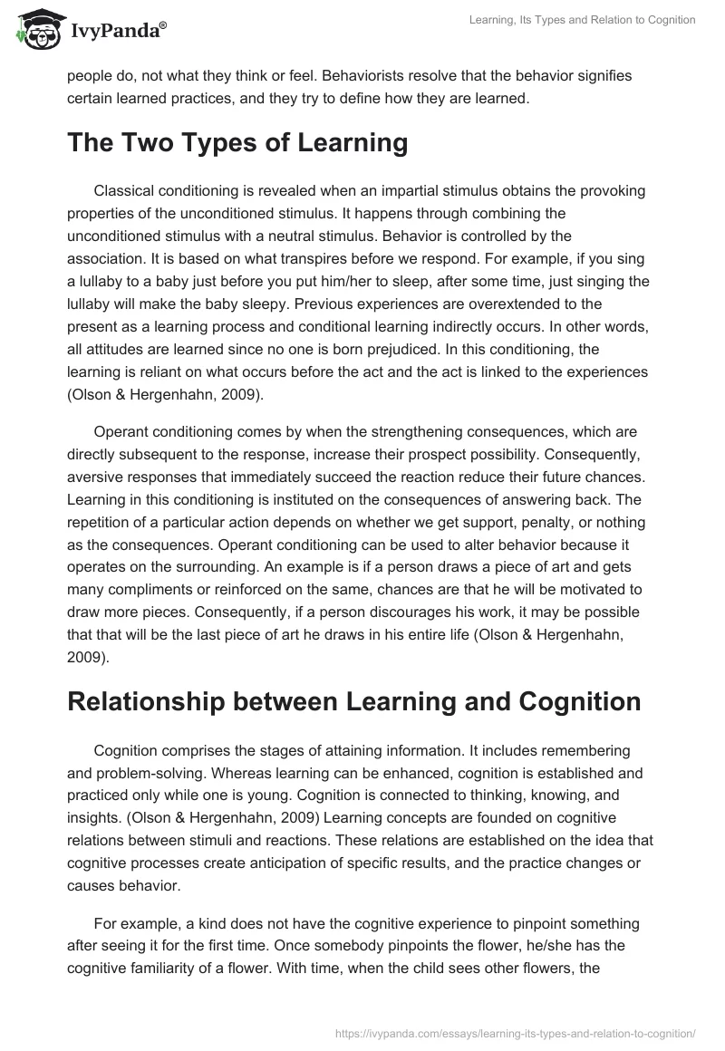 Learning, Its Types and Relation to Cognition. Page 2