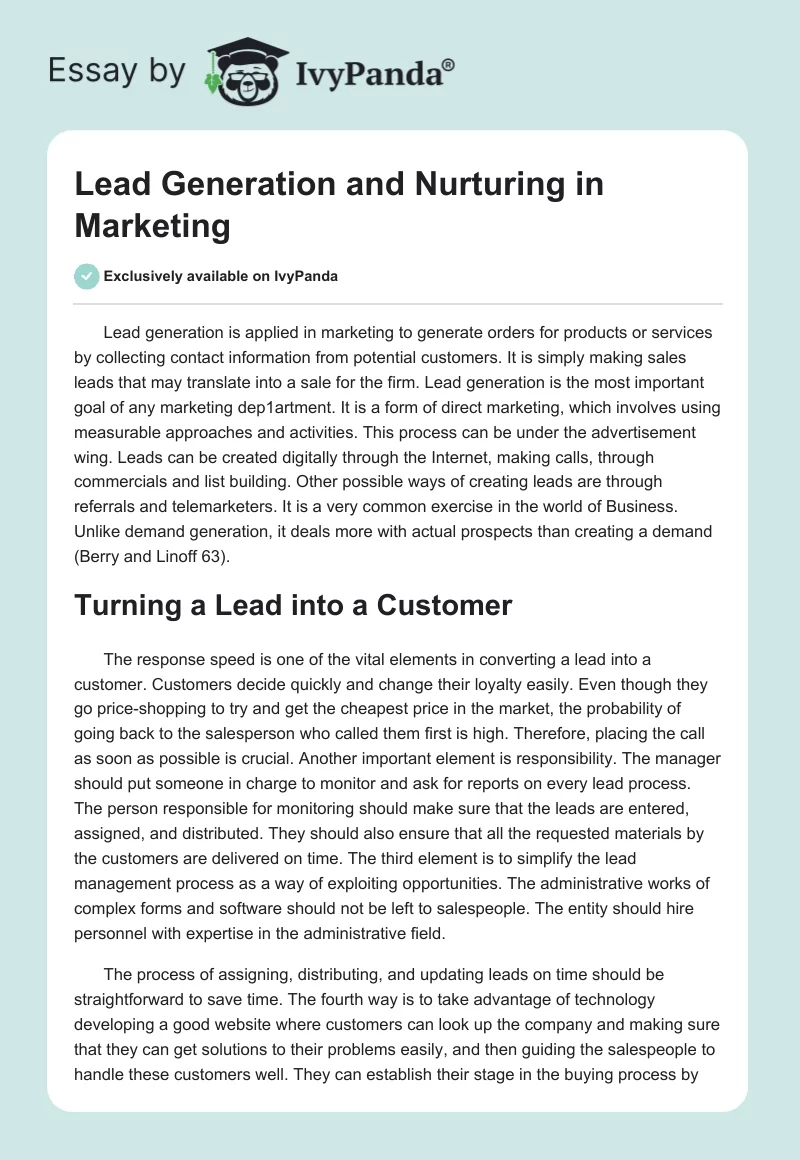 Lead Generation and Nurturing in Marketing. Page 1