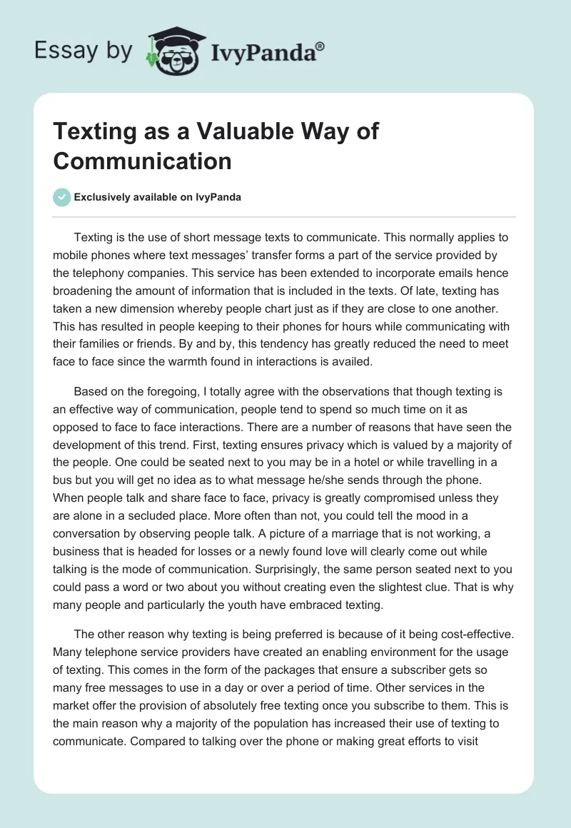 Texting as a Valuable Way of Communication. Page 1