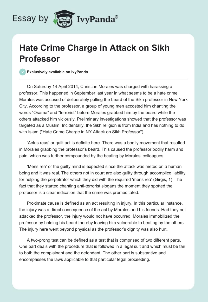Hate Crime Charge in Attack on Sikh Professor. Page 1
