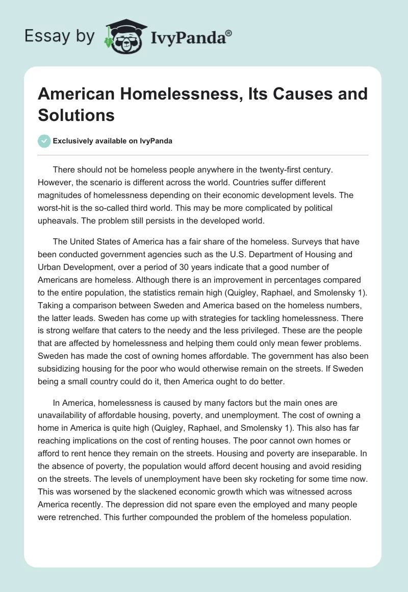 American Homelessness, Its Causes and Solutions. Page 1