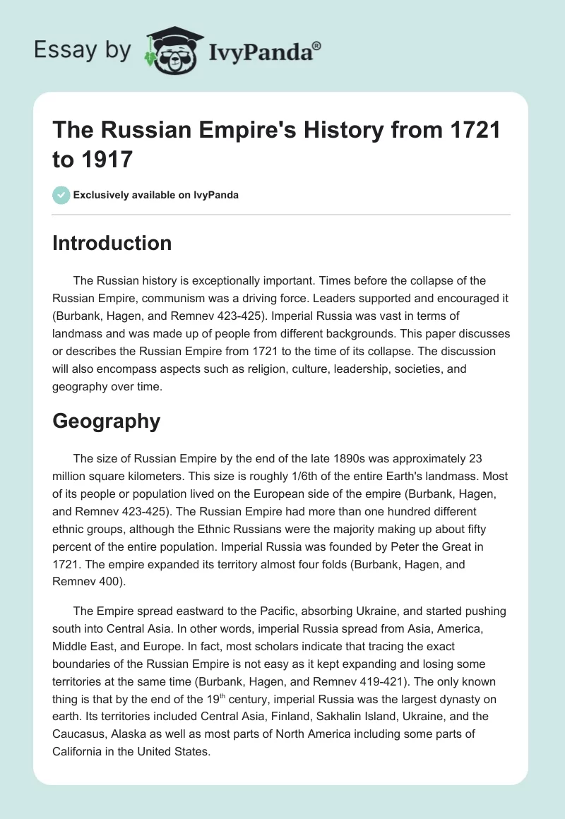 The Russian Empire's History from 1721 to 1917. Page 1