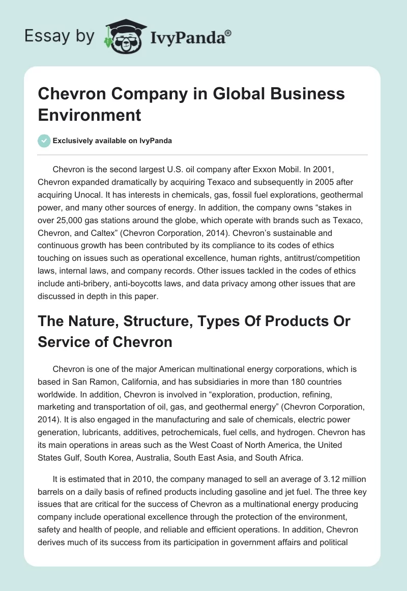 Chevron Company in Global Business Environment. Page 1