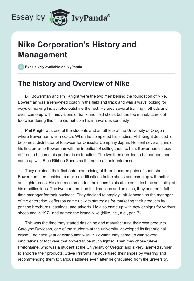 Nike Corporation's History and Management. Page 1