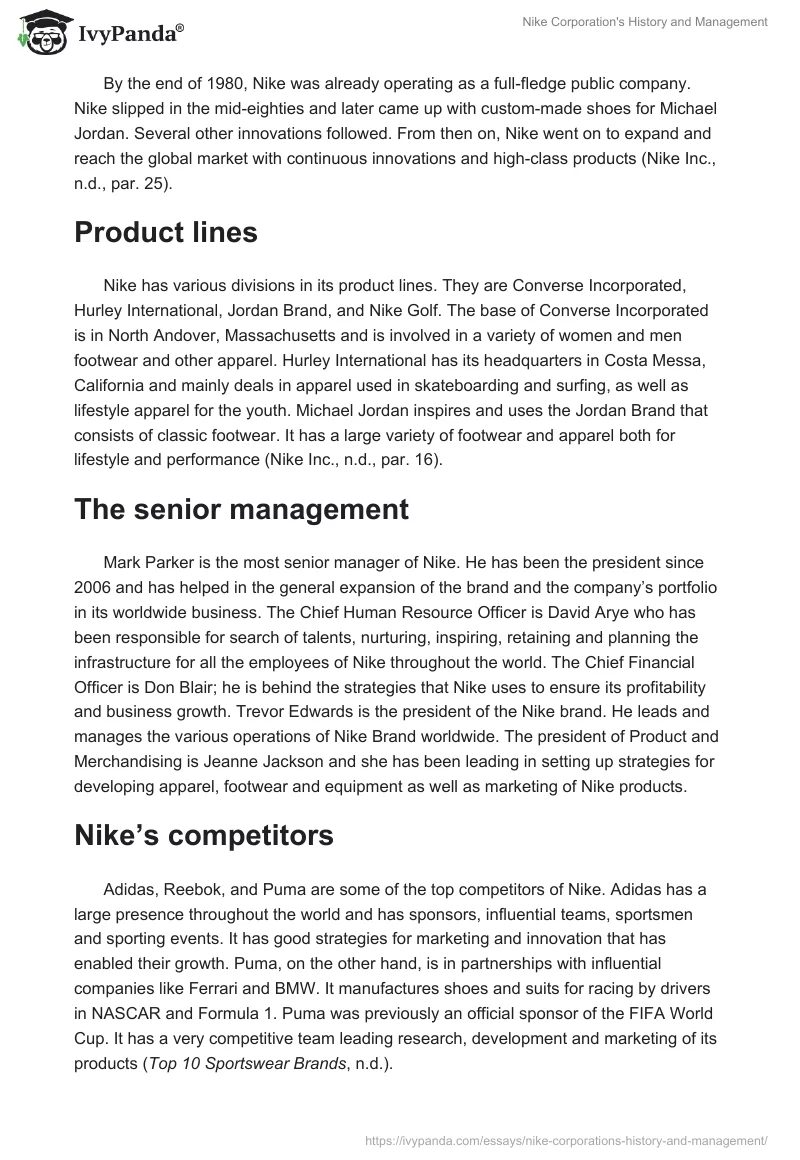 Nike Corporation's History and Management. Page 2