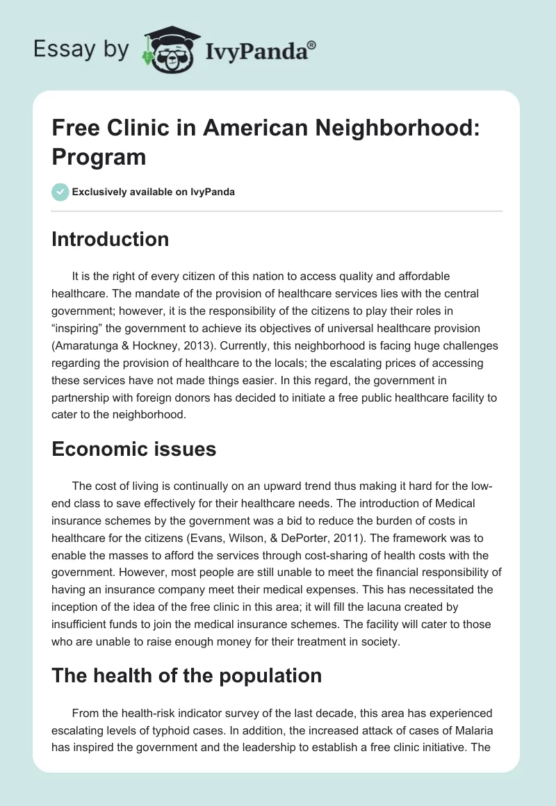 Free Clinic in American Neighborhood: Program. Page 1