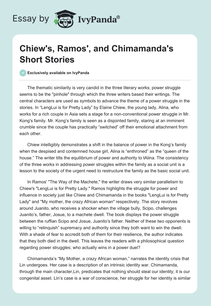 Chiew's, Ramos', and Chimamanda's Short Stories. Page 1