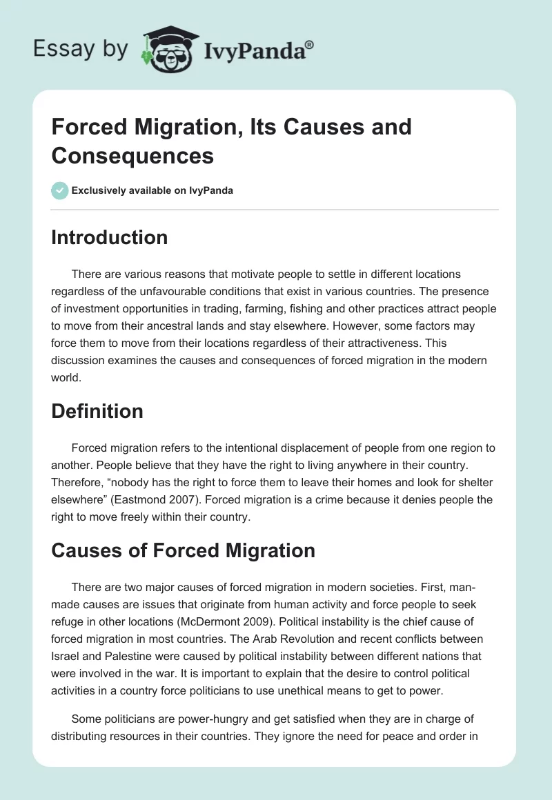 Forced Migration, Its Causes and Consequences. Page 1