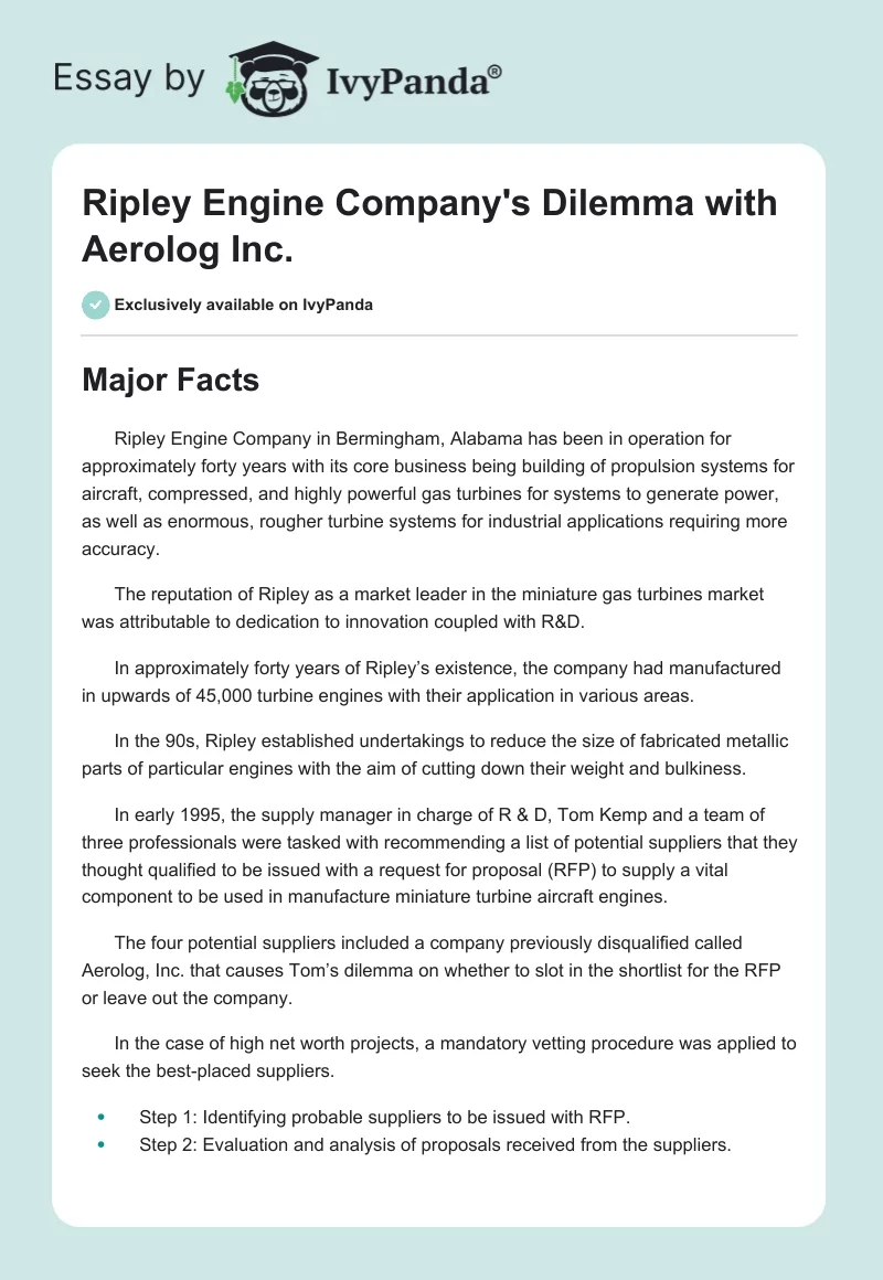 Ripley Engine Company's Dilemma with Aerolog Inc.. Page 1