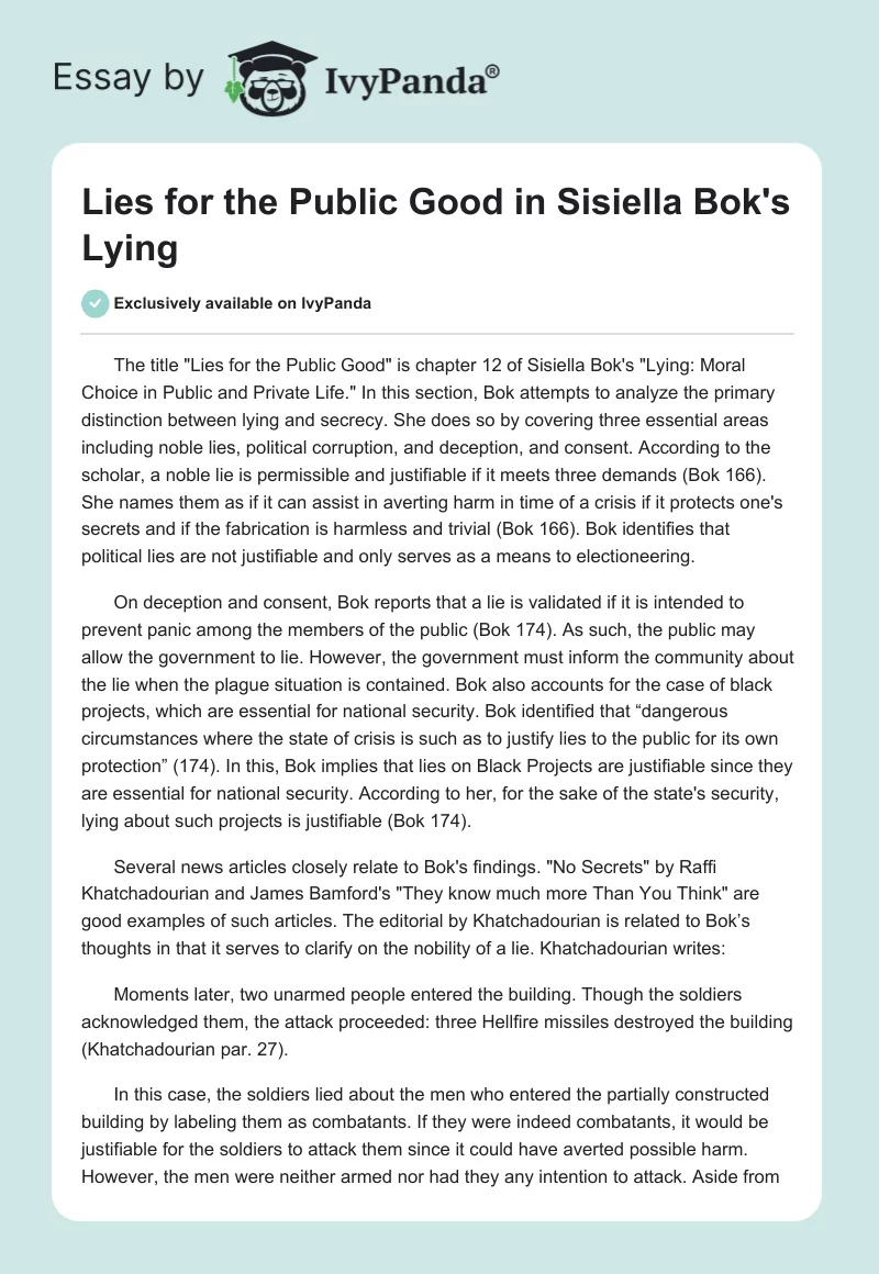 Lies for the Public Good in Sisiella Bok's "Lying". Page 1