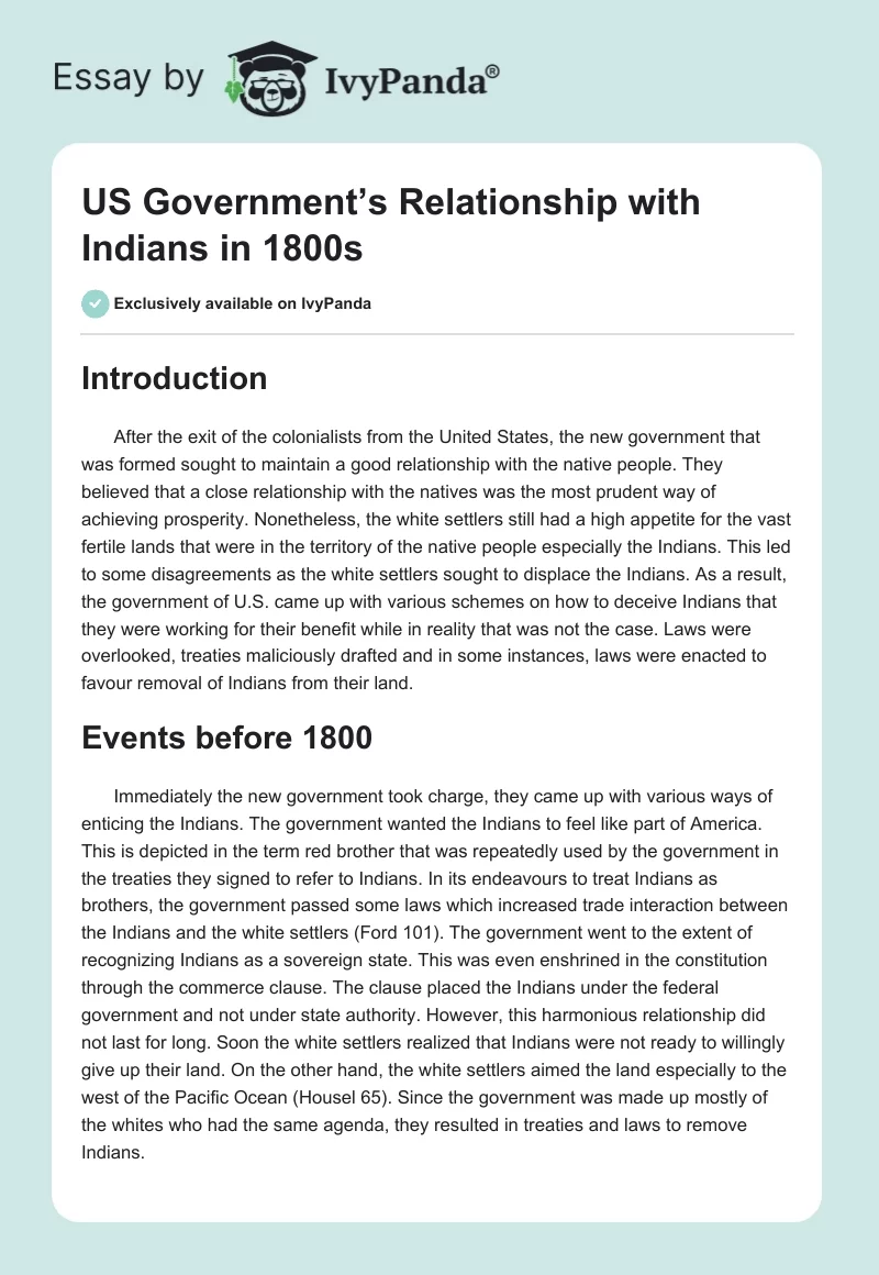 US Government’s Relationship with Indians in 1800s. Page 1