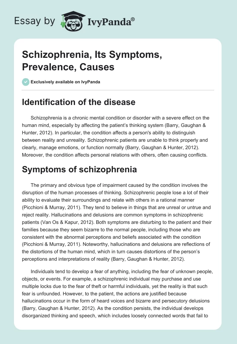 Schizophrenia, Its Symptoms, Prevalence, Causes. Page 1