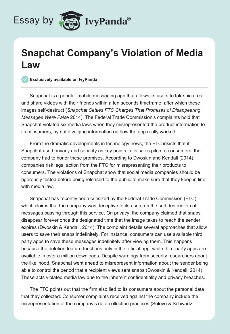 Snapchat Company’s Violation of Media Law. Page 1