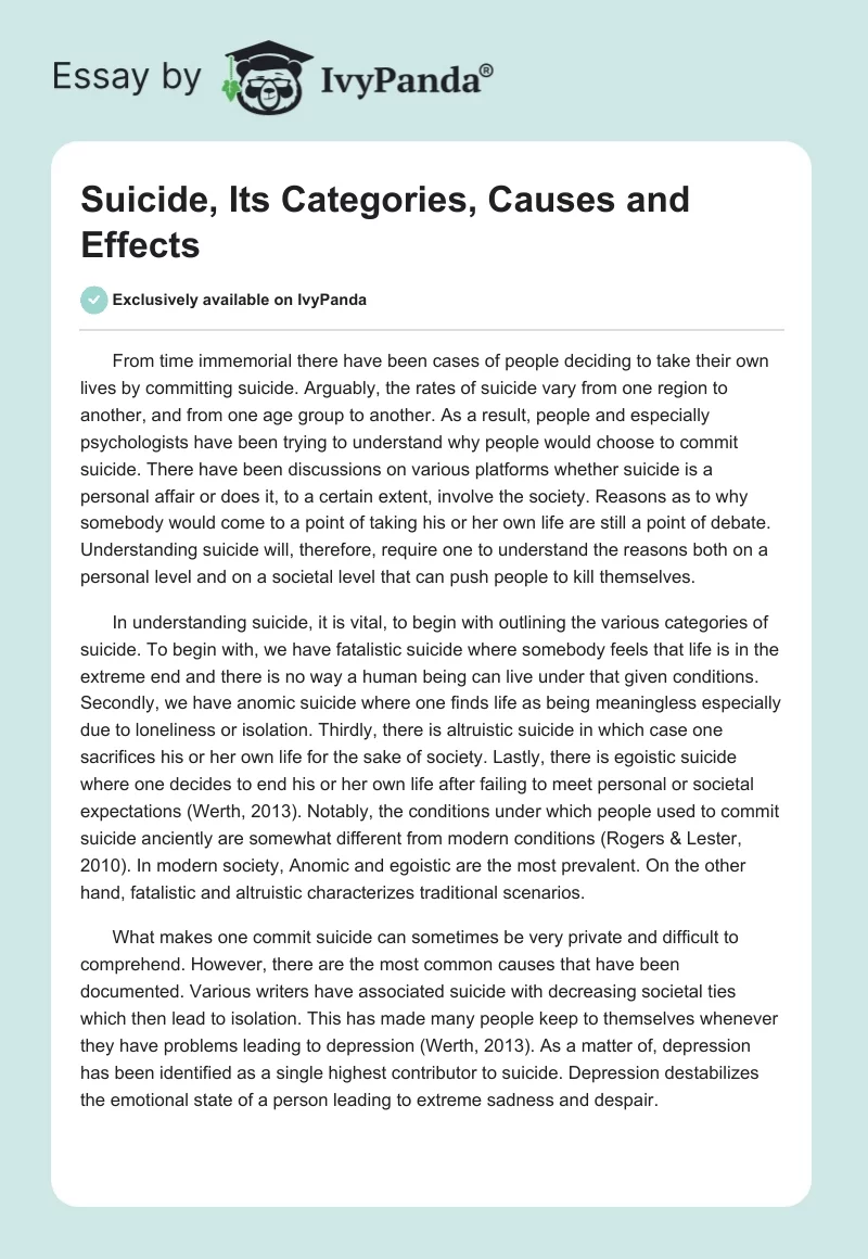 Suicide, Its Categories, Causes and Effects. Page 1