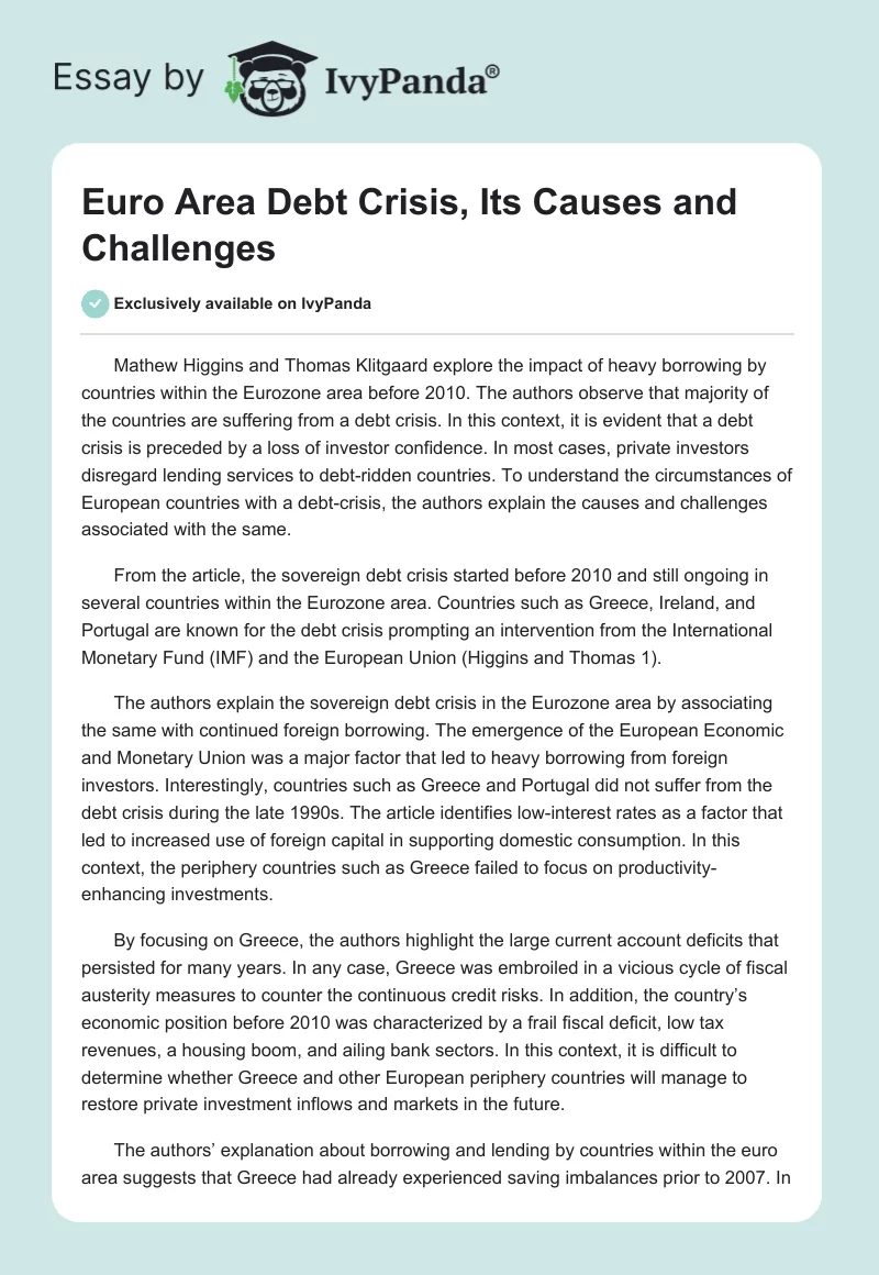 Euro Area Debt Crisis, Its Causes and Challenges. Page 1