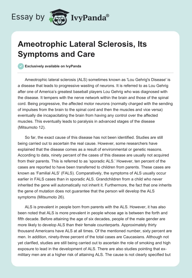 Ameotrophic Lateral Sclerosis, Its Symptoms and Care. Page 1