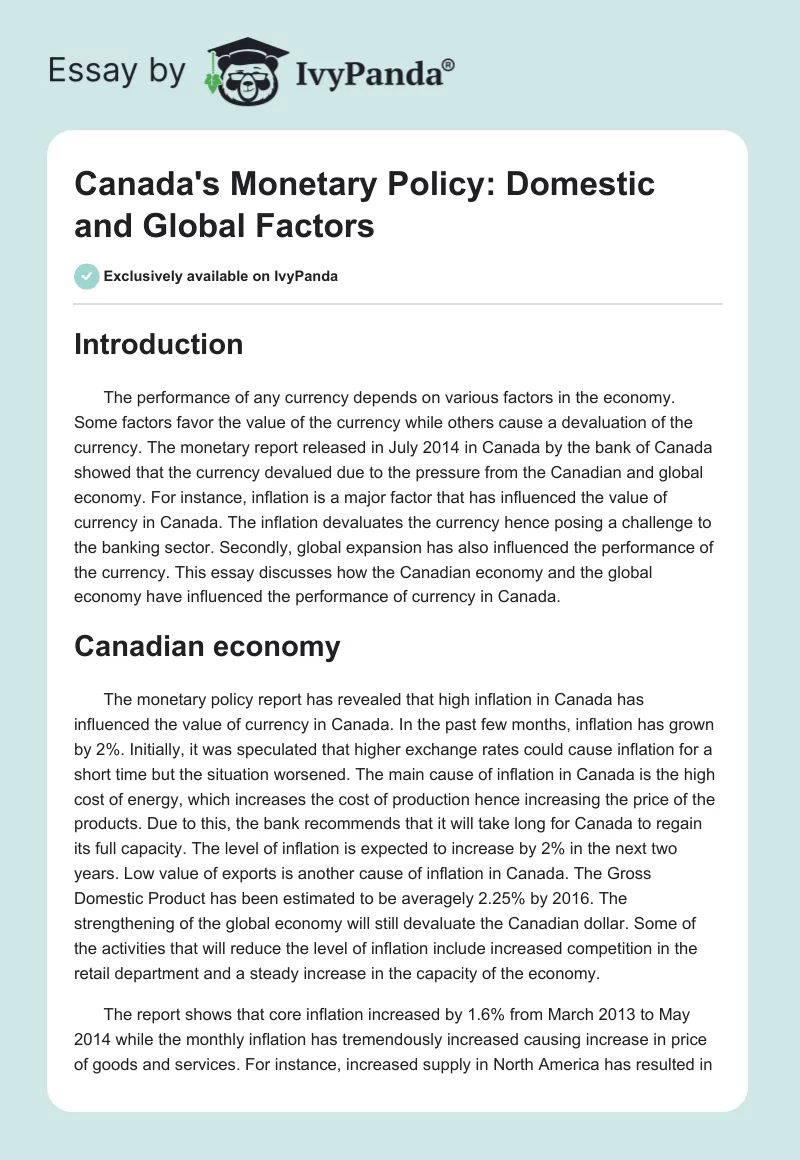 Canada's Monetary Policy: Domestic and Global Factors. Page 1