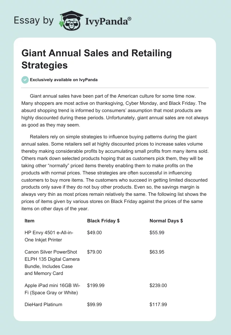 Giant Annual Sales and Retailing Strategies. Page 1
