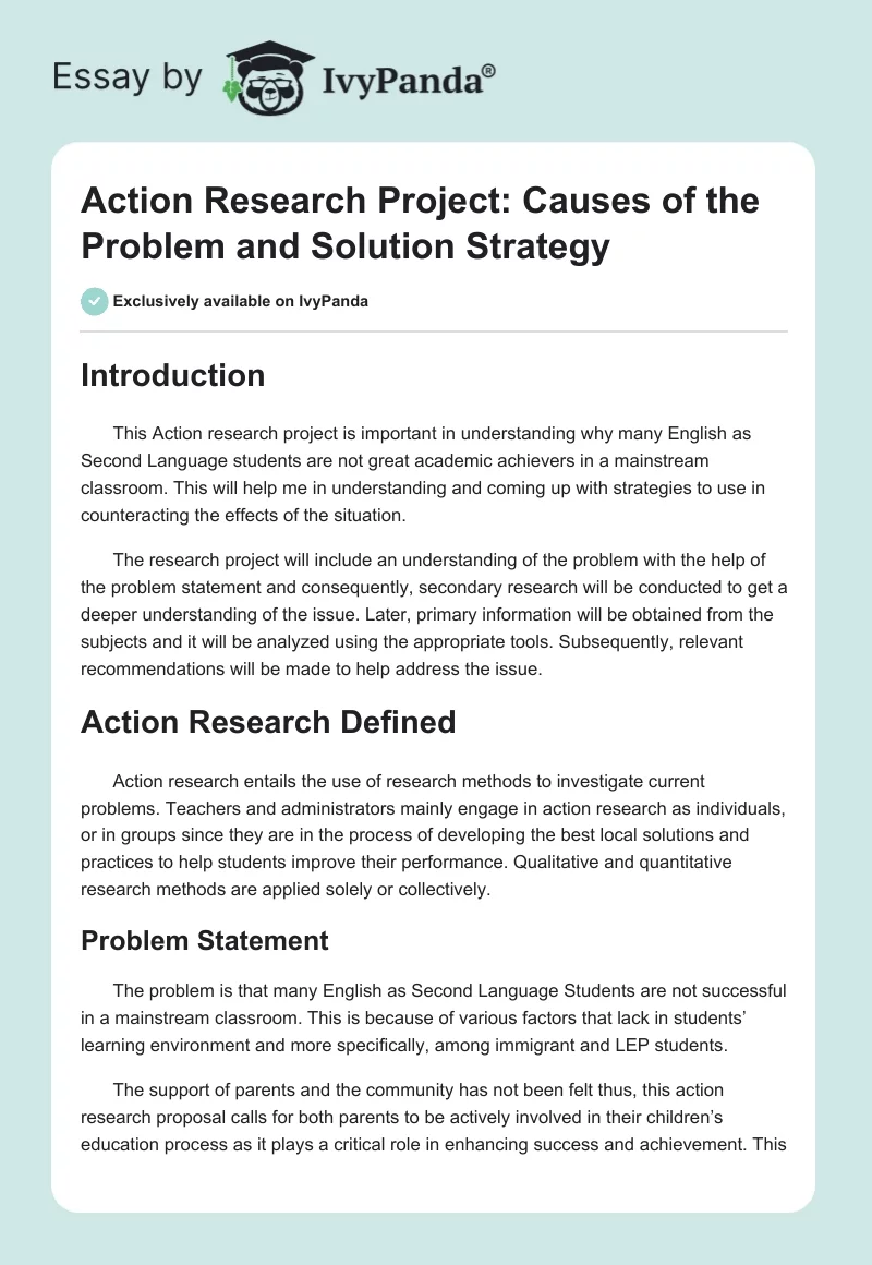Action Research Project: Causes of the Problem and Solution Strategy. Page 1