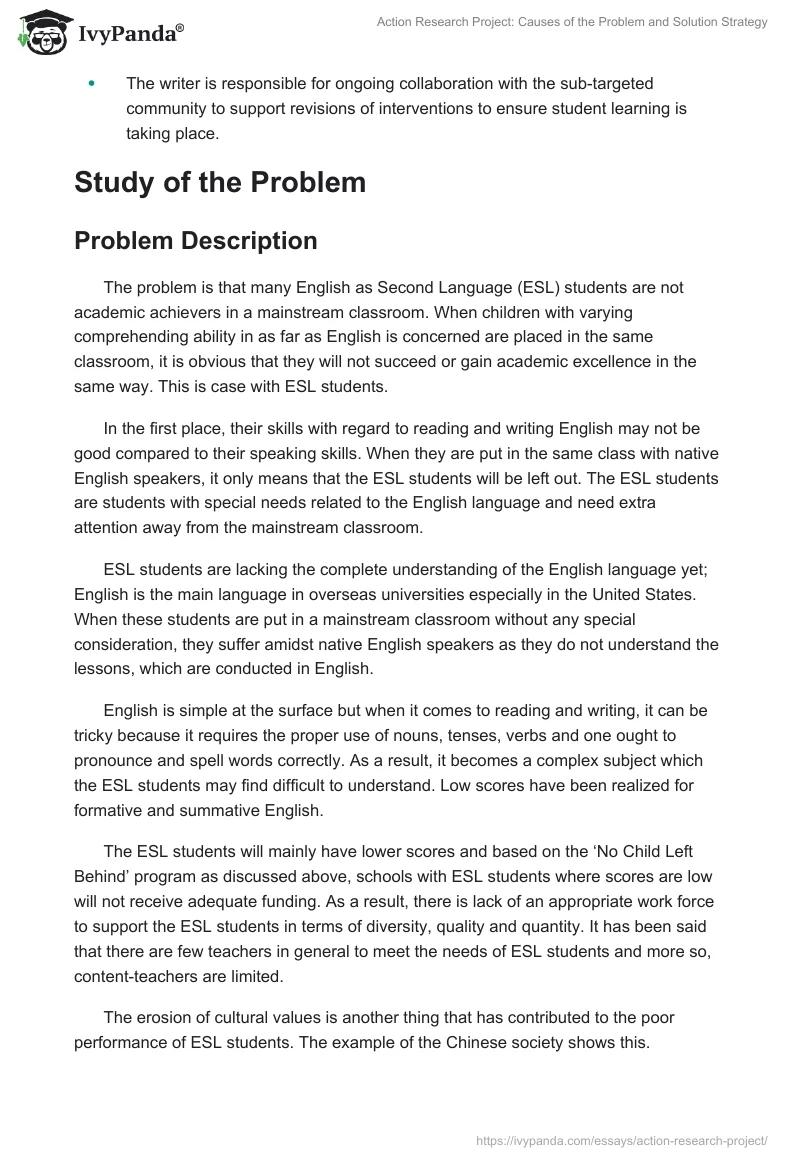 Action Research Project: Causes of the Problem and Solution Strategy. Page 4