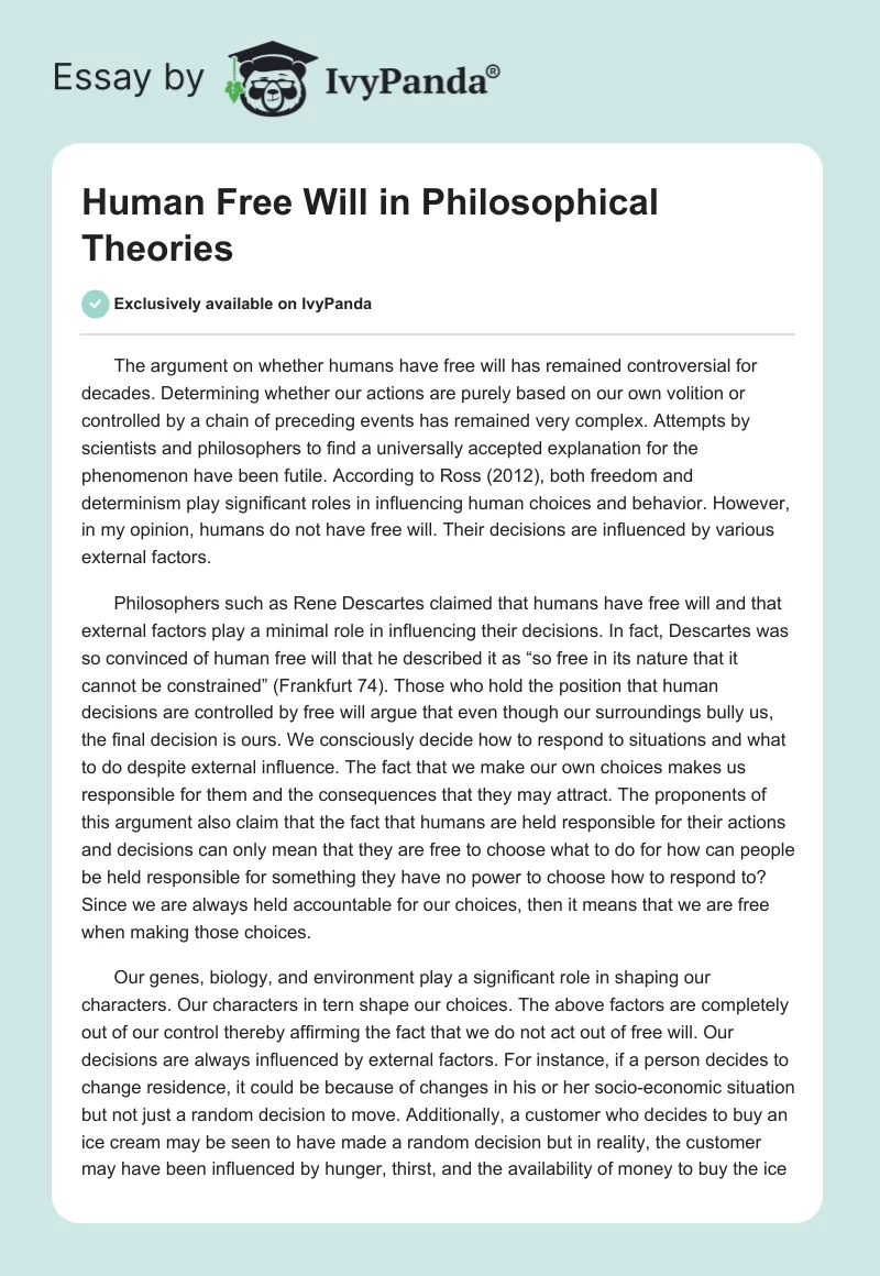 Human Free Will in Philosophical Theories. Page 1