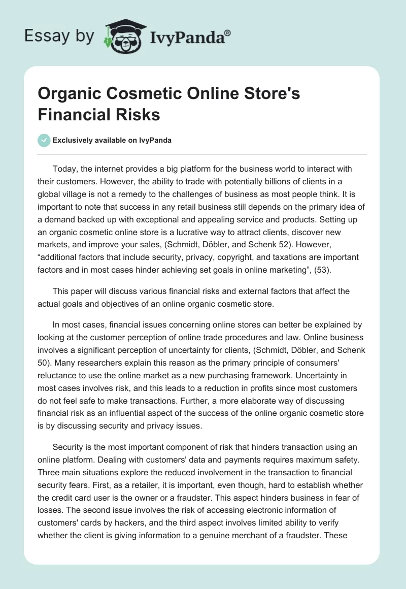 Organic Cosmetic Online Store's Financial Risks. Page 1