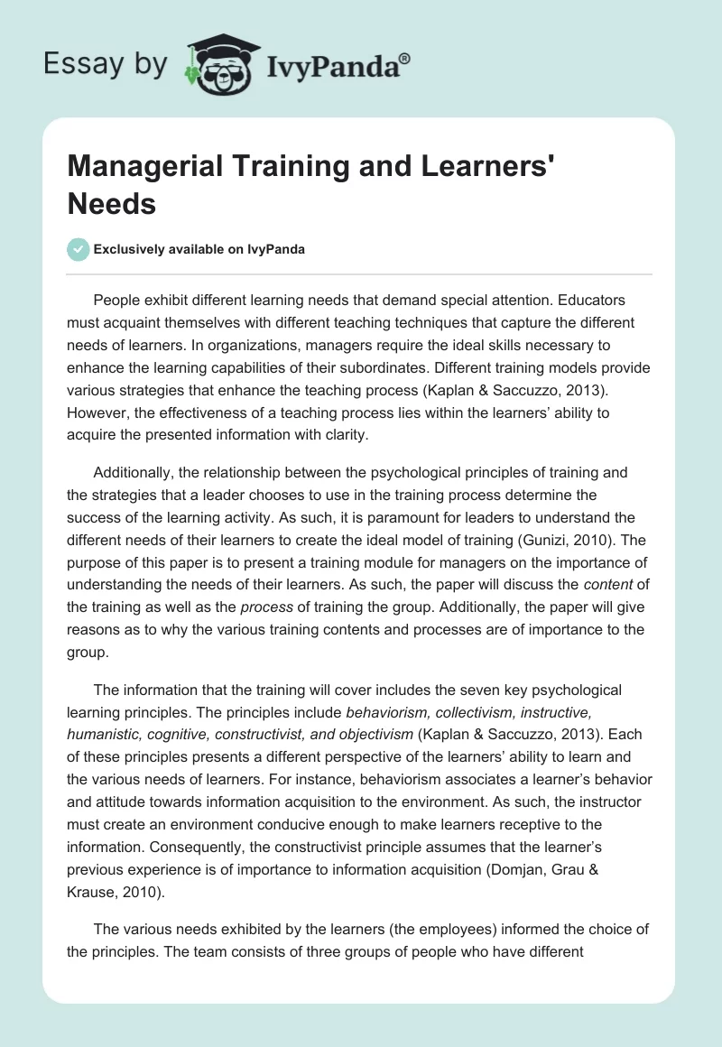 Managerial Training and Learners' Needs. Page 1