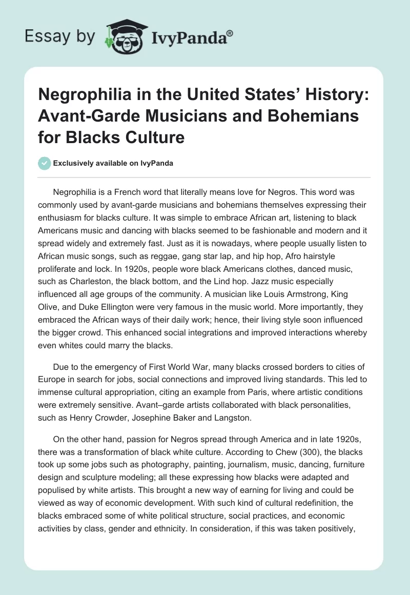 Negrophilia in the United States’ History: Avant-Garde Musicians and Bohemians for Blacks Culture. Page 1