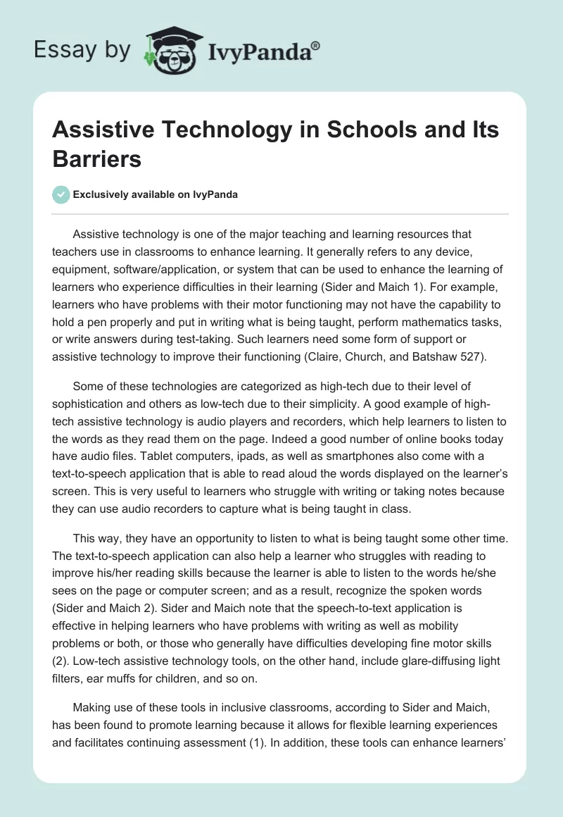 Assistive Technology in Schools and Its Barriers. Page 1