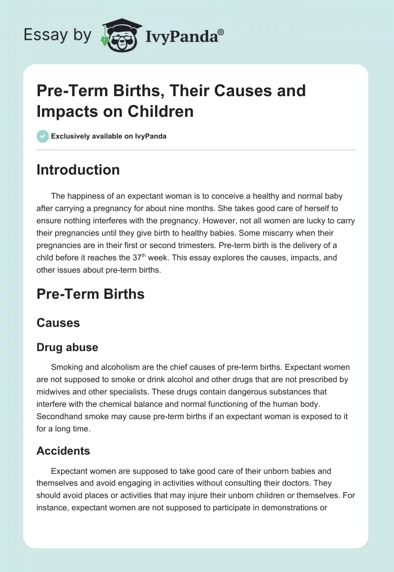 Pre-Term Births, Their Causes and Impacts on Children. Page 1