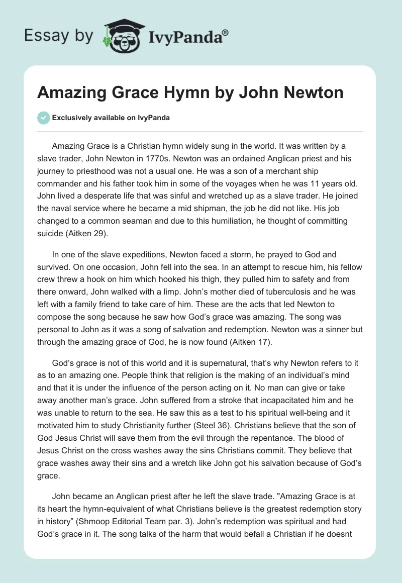 Amazing Grace Hymn by John Newton. Page 1
