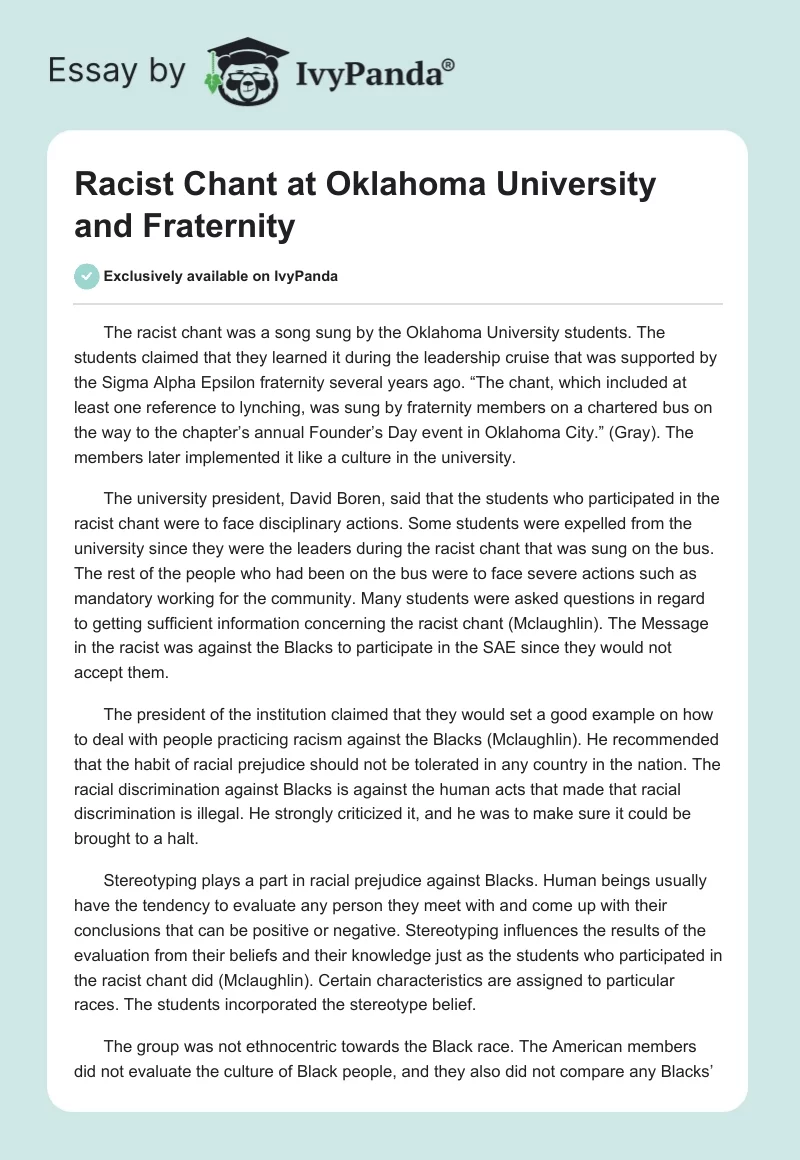 Racist Chant at Oklahoma University and Fraternity. Page 1