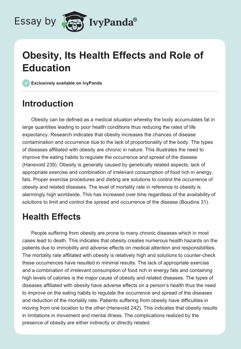 Obesity, Its Health Effects and Role of Education. Page 1
