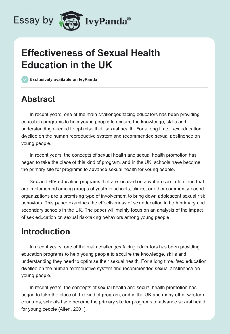 Effectiveness of Sexual Health Education in the UK. Page 1