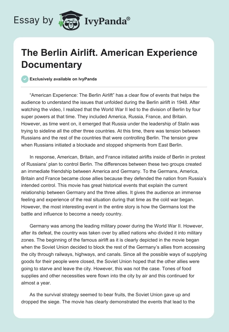 The Berlin Airlift. American Experience Documentary. Page 1