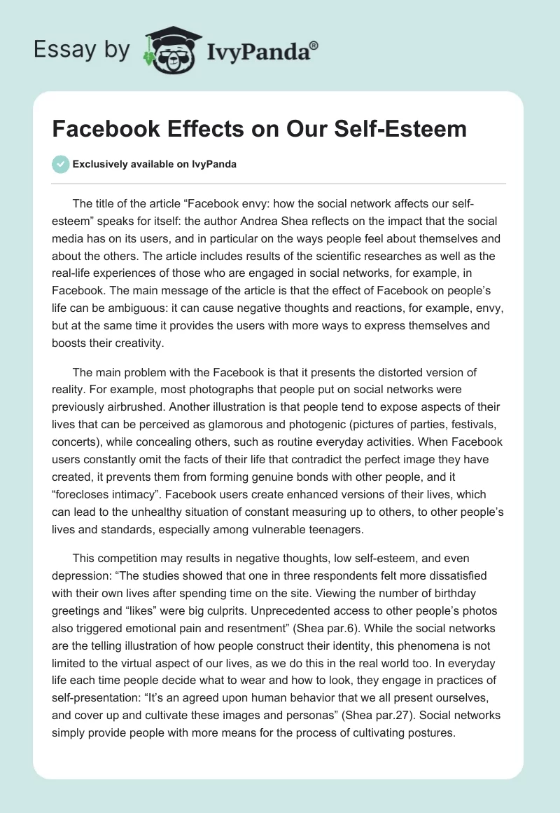 Facebook Effects on Our Self-Esteem. Page 1