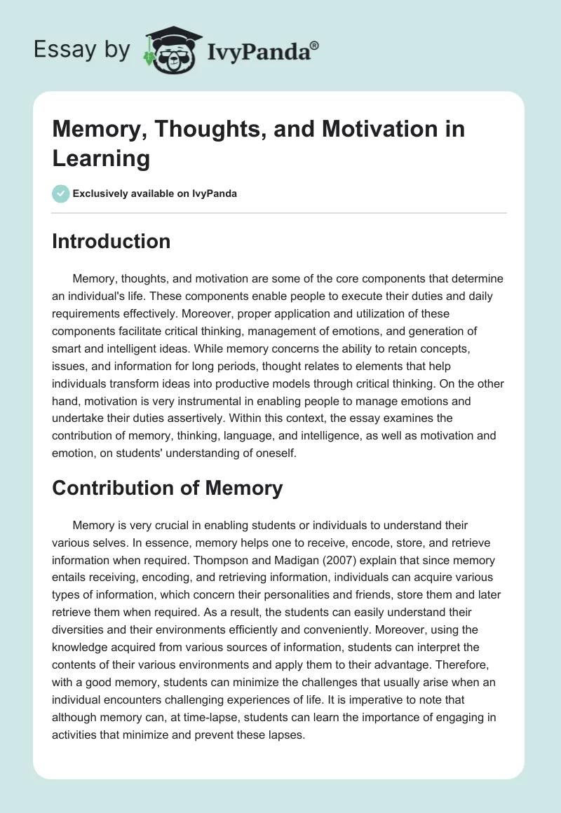Memory, Thoughts, and Motivation in Learning. Page 1