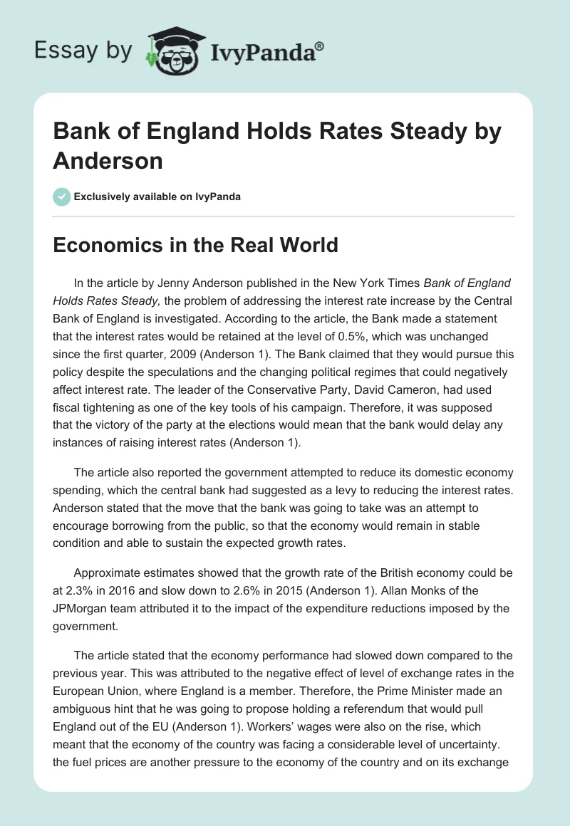 "Bank of England Holds Rates Steady" by Anderson. Page 1