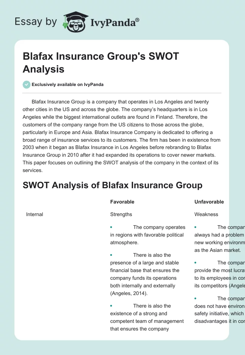 Blafax Insurance Group's SWOT Analysis. Page 1