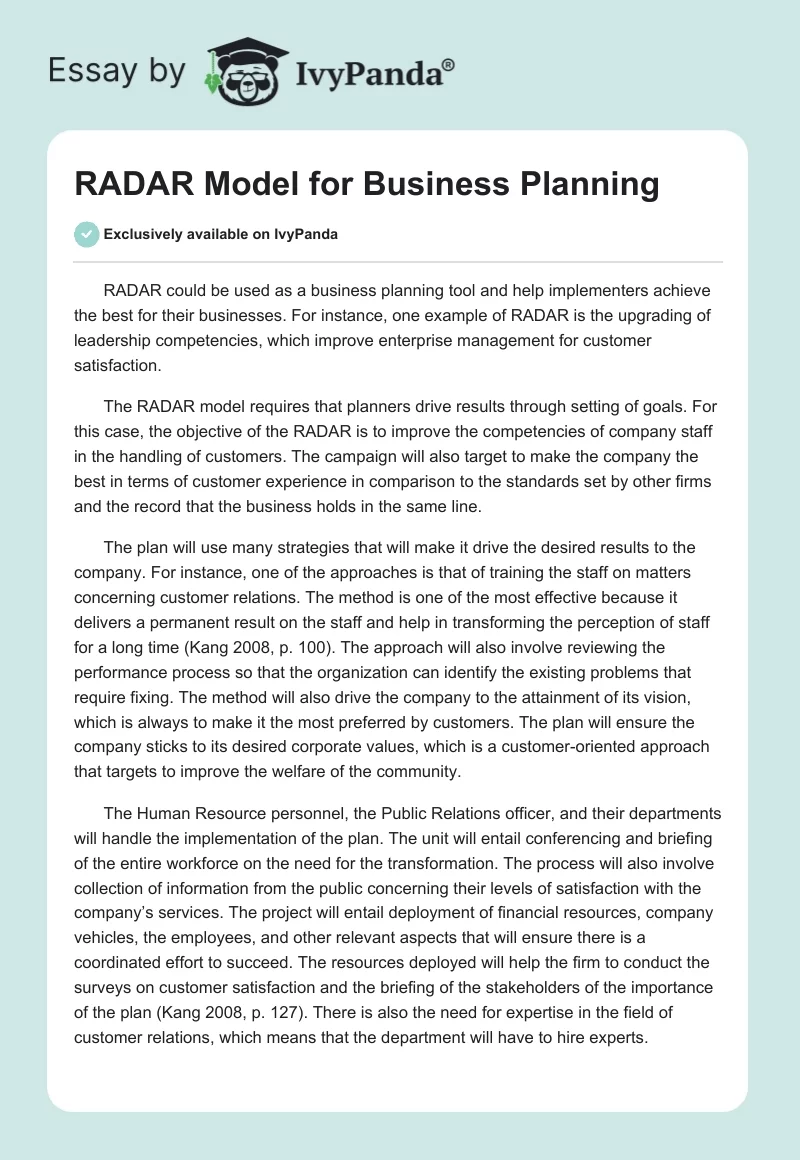 RADAR Model for Business Planning. Page 1